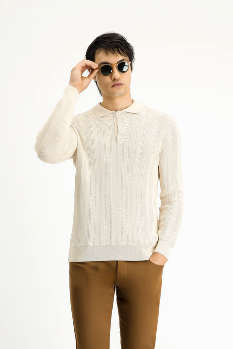 Off-white Polo Collar Button-Down Slim Fit Patterned Cotton Knit Sweater