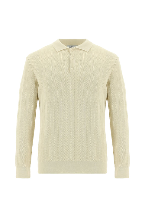 Off-white Polo Collar Button-Down Slim Fit Patterned Cotton Knit Sweater