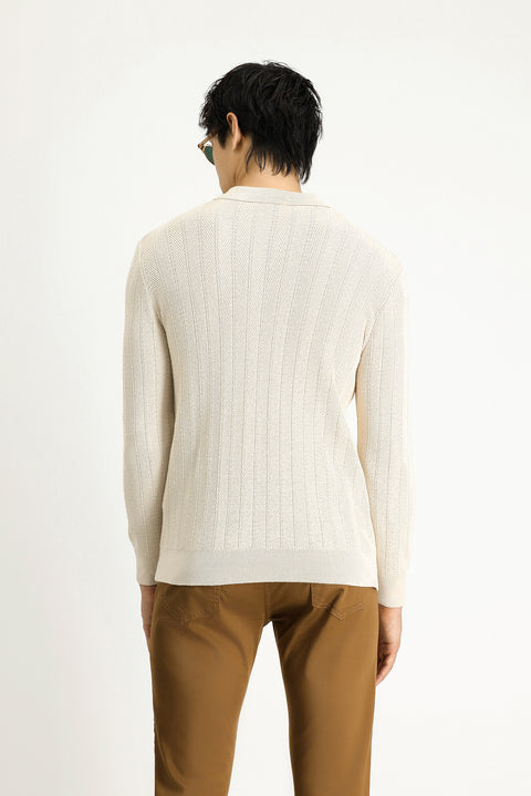 Off-white Polo Collar Button-Down Slim Fit Patterned Cotton Knit Sweater