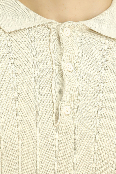 Off-white Polo Collar Button-Down Slim Fit Patterned Cotton Knit Sweater