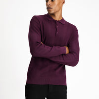 Plum-colored Polo Collar Button-Down Slim Fit Patterned Cotton Knit Sweater