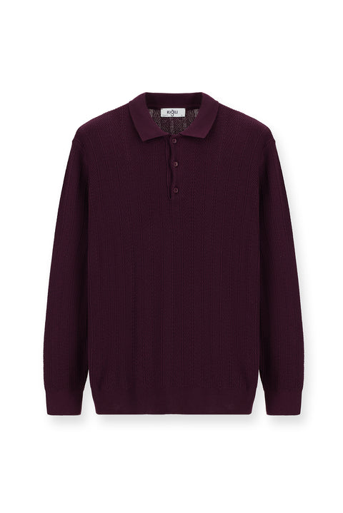 Plum-colored Polo Collar Button-Down Slim Fit Patterned Cotton Knit Sweater