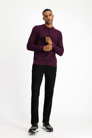  Mürdüm Polo Yaka Düğmeli Slim Fit Desenli Pamuklu Triko Kazak