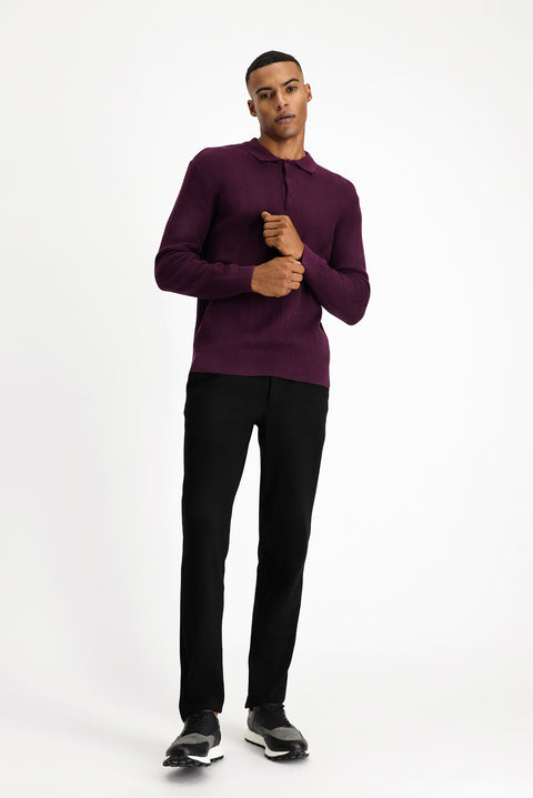Plum-colored Polo Collar Button-Down Slim Fit Patterned Cotton Knit Sweater