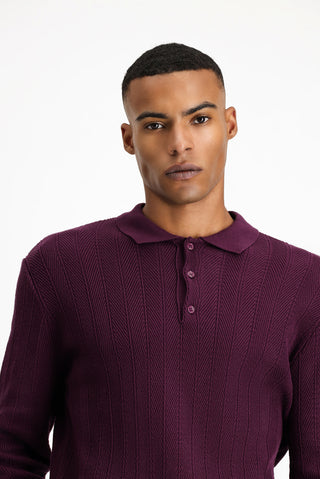  Mürdüm Polo Yaka Düğmeli Slim Fit Desenli Pamuklu Triko Kazak