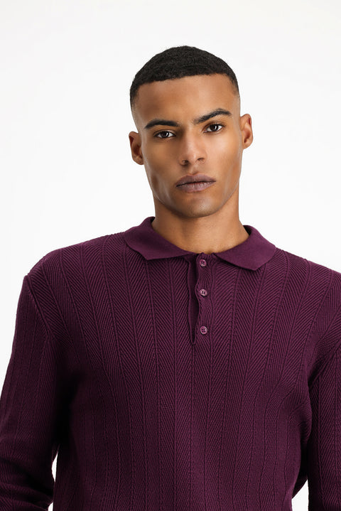 Plum-colored Polo Collar Button-Down Slim Fit Patterned Cotton Knit Sweater