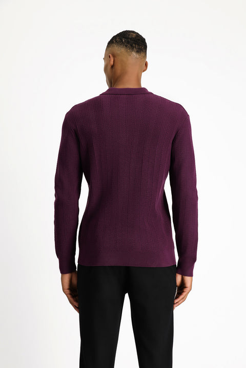 Plum-colored Polo Collar Button-Down Slim Fit Patterned Cotton Knit Sweater