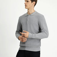 Light Grey Melange Polo Collar Regular Fit Patterned Cotton Knit Sweater