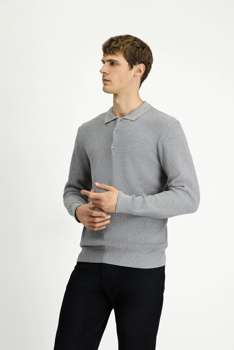 Light Grey Melange Polo Collar Regular Fit Patterned Cotton Knit Sweater