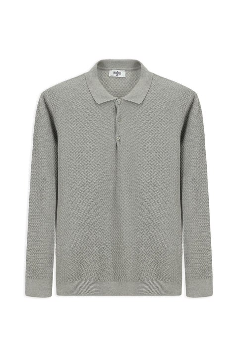 Light Grey Melange Polo Collar Regular Fit Patterned Cotton Knit Sweater