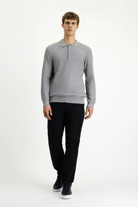 Light Grey Melange Polo Collar Regular Fit Patterned Cotton Knit Sweater