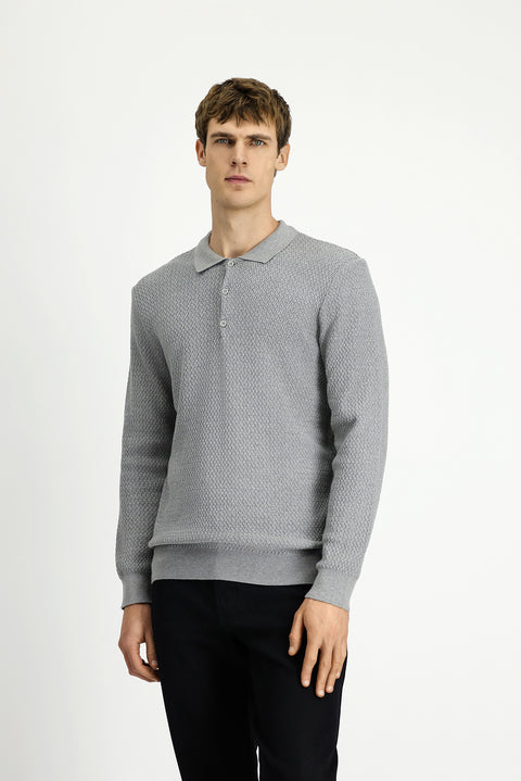 Light Grey Melange Polo Collar Regular Fit Patterned Cotton Knit Sweater