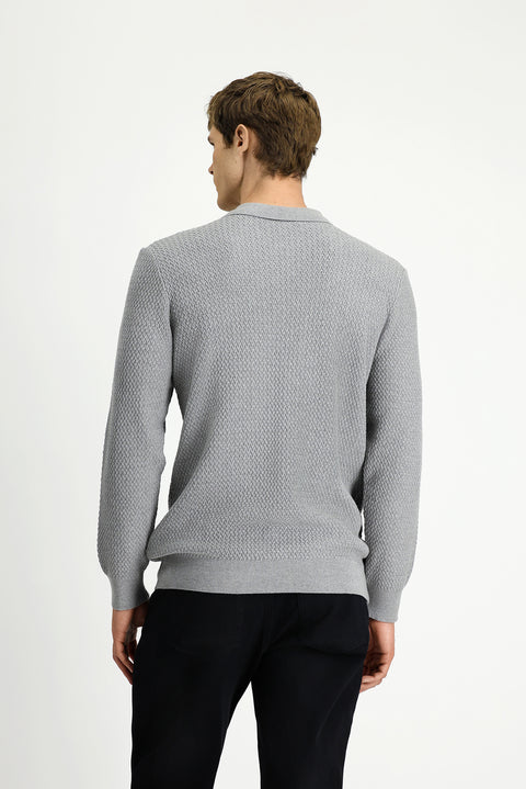 Light Grey Melange Polo Collar Regular Fit Patterned Cotton Knit Sweater