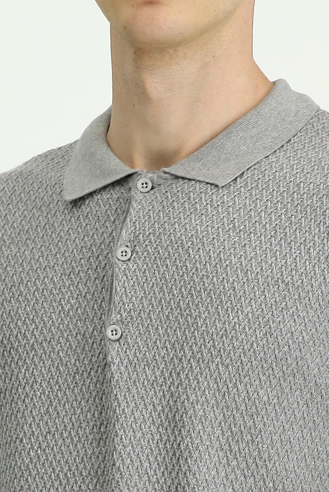 Light Grey Melange Polo Collar Regular Fit Patterned Cotton Knit Sweater