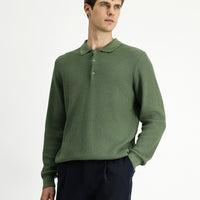 Light Green Polo Collar Regular Fit Patterned Cotton Knit Sweater