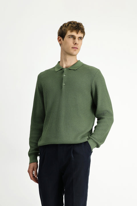 Light Green Polo Collar Regular Fit Patterned Cotton Knit Sweater