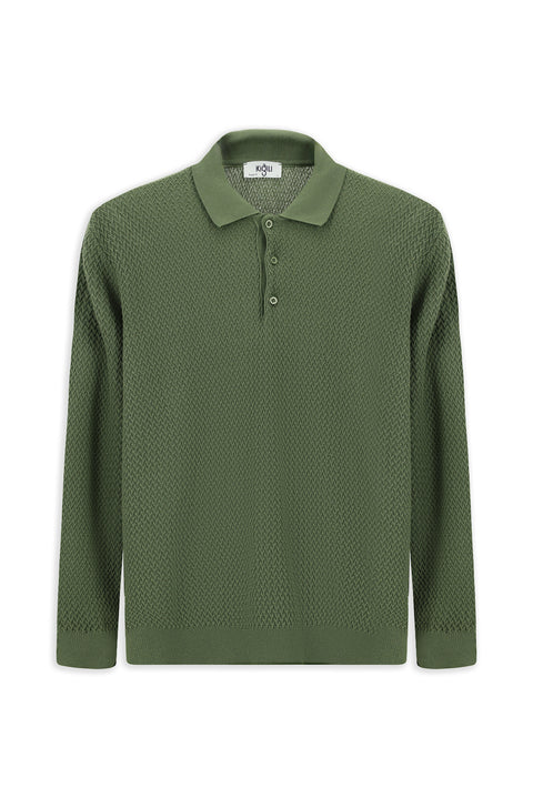 Light Green Polo Collar Regular Fit Patterned Cotton Knit Sweater