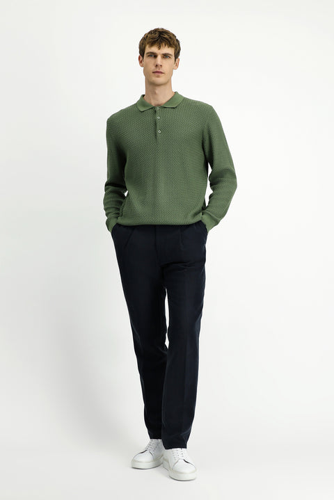 Light Green Polo Collar Regular Fit Patterned Cotton Knit Sweater