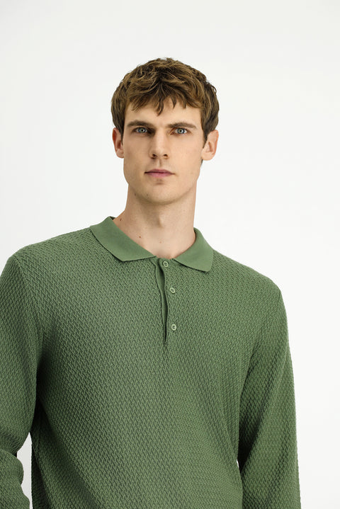 Light Green Polo Collar Regular Fit Patterned Cotton Knit Sweater