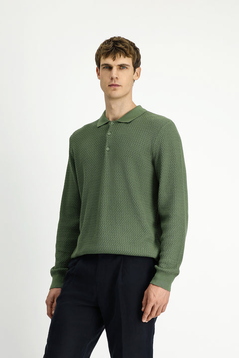 Light Green Polo Collar Regular Fit Patterned Cotton Knit Sweater