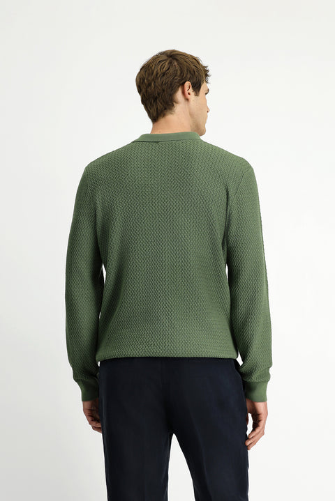 Light Green Polo Collar Regular Fit Patterned Cotton Knit Sweater