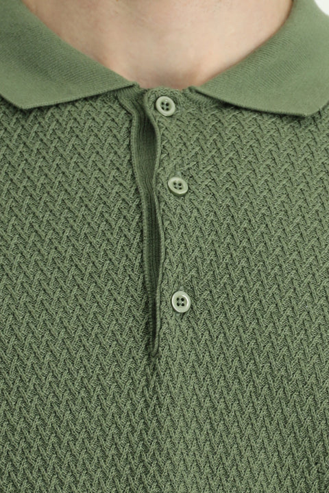 Light Green Polo Collar Regular Fit Patterned Cotton Knit Sweater