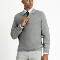 Medium Grey Melange Polo Collar Zip-Up Regular Fit Patterned Cotton Knit Sweater