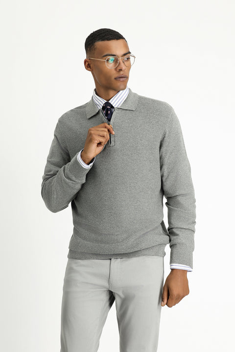 Medium Grey Melange Polo Collar Zip-Up Regular Fit Patterned Cotton Knit Sweater