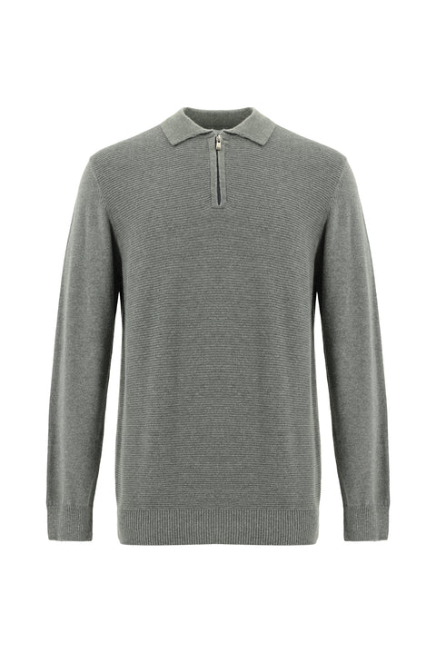 Medium Grey Melange Polo Collar Zip-Up Regular Fit Patterned Cotton Knit Sweater
