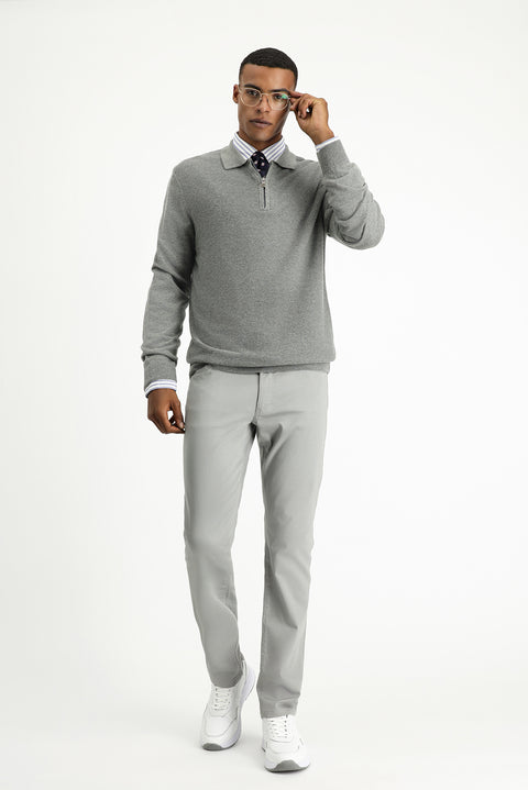 Medium Grey Melange Polo Collar Zip-Up Regular Fit Patterned Cotton Knit Sweater