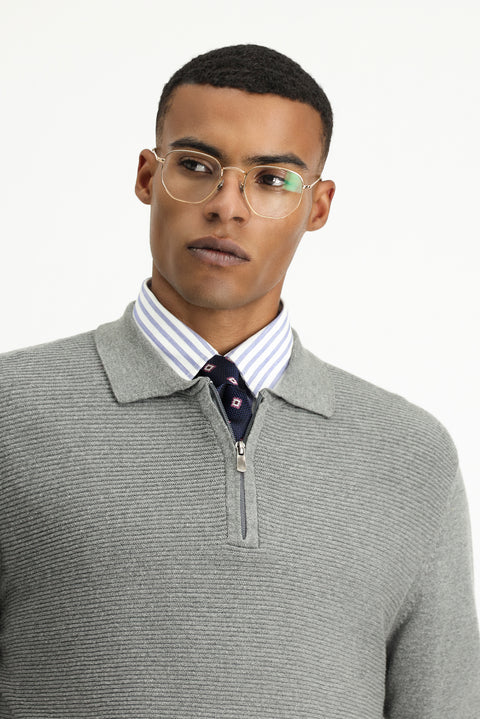 Medium Grey Melange Polo Collar Zip-Up Regular Fit Patterned Cotton Knit Sweater