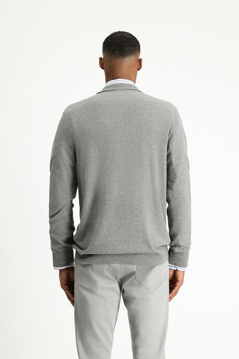 Medium Grey Melange Polo Collar Zip-Up Regular Fit Patterned Cotton Knit Sweater