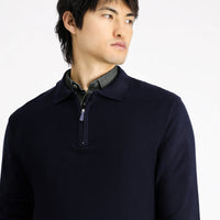 Dark Navy Polo Shirt, Zip-Up, Regular Fit, Patterned Cotton Knit Sweater
