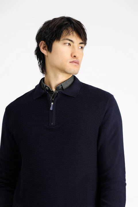 Dark Navy Polo Shirt, Zip-Up, Regular Fit, Patterned Cotton Knit Sweater