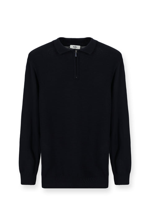Dark Navy Polo Shirt, Zip-Up, Regular Fit, Patterned Cotton Knit Sweater