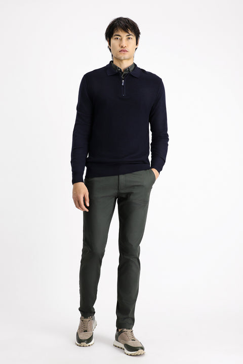 Dark Navy Polo Shirt, Zip-Up, Regular Fit, Patterned Cotton Knit Sweater