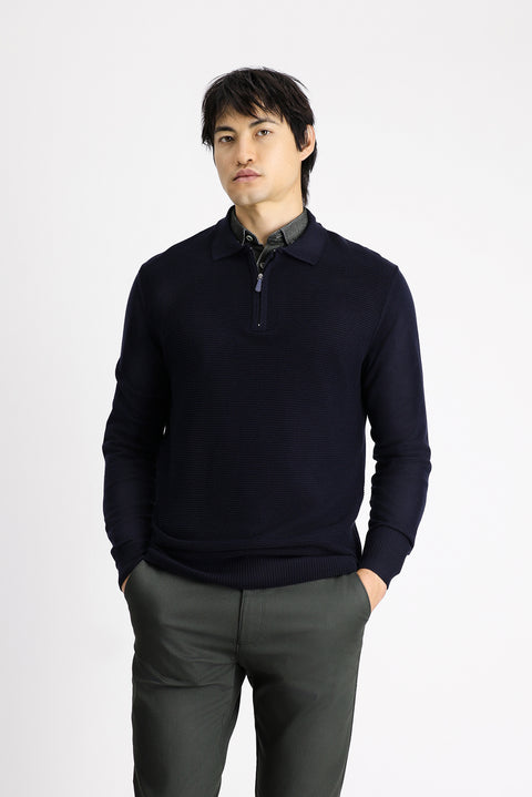 Dark Navy Polo Shirt, Zip-Up, Regular Fit, Patterned Cotton Knit Sweater