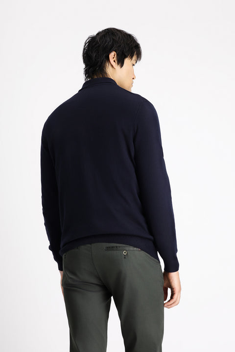 Dark Navy Polo Shirt, Zip-Up, Regular Fit, Patterned Cotton Knit Sweater