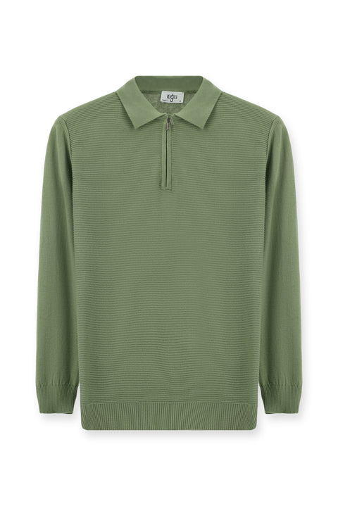 Light Khaki Polo Collar Zip-Up Regular Fit Patterned Cotton Knit Sweater