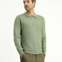 Light Khaki Polo Collar Zip-Up Regular Fit Patterned Cotton Knit Sweater