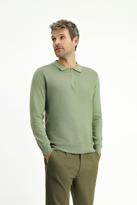 Light Khaki Polo Collar Zip-Up Regular Fit Patterned Cotton Knit Sweater