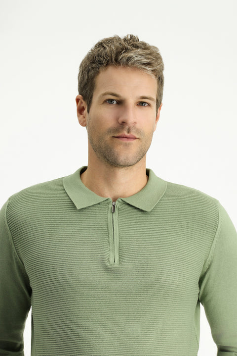 Light Khaki Polo Collar Zip-Up Regular Fit Patterned Cotton Knit Sweater