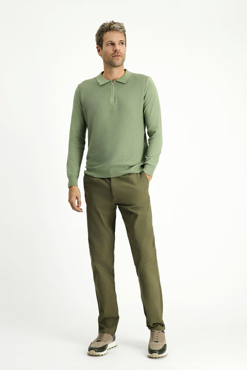 Light Khaki Polo Collar Zip-Up Regular Fit Patterned Cotton Knit Sweater