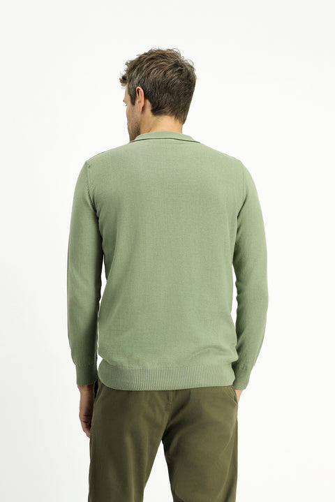 Light Khaki Polo Collar Zip-Up Regular Fit Patterned Cotton Knit Sweater