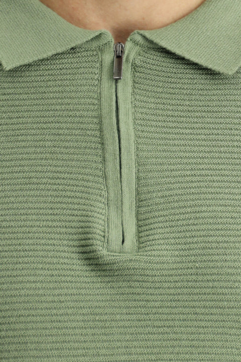 Light Khaki Polo Collar Zip-Up Regular Fit Patterned Cotton Knit Sweater