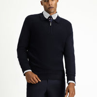Dark Navy Polo Collar Regular Fit Zip-Up Patterned Cotton Knit Sweater