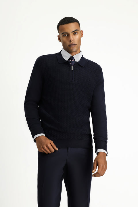 Dark Navy Polo Collar Regular Fit Zip-Up Patterned Cotton Knit Sweater