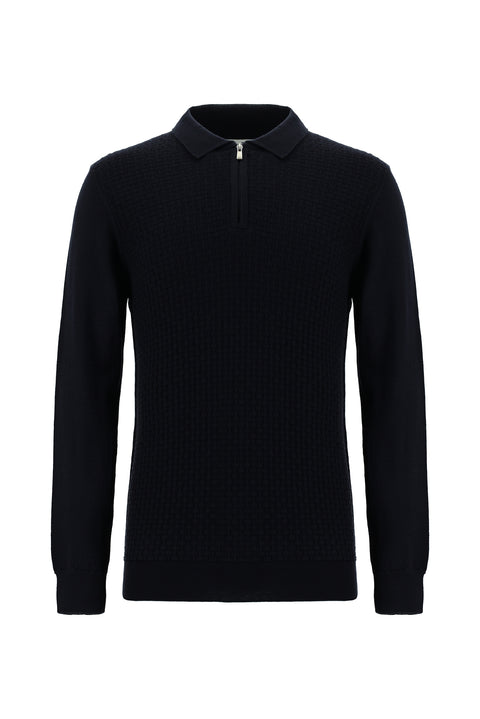 Dark Navy Polo Collar Regular Fit Zip-Up Patterned Cotton Knit Sweater