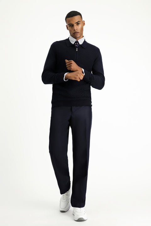 Dark Navy Polo Collar Regular Fit Zip-Up Patterned Cotton Knit Sweater