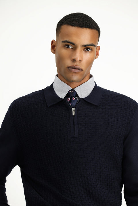 Dark Navy Polo Collar Regular Fit Zip-Up Patterned Cotton Knit Sweater